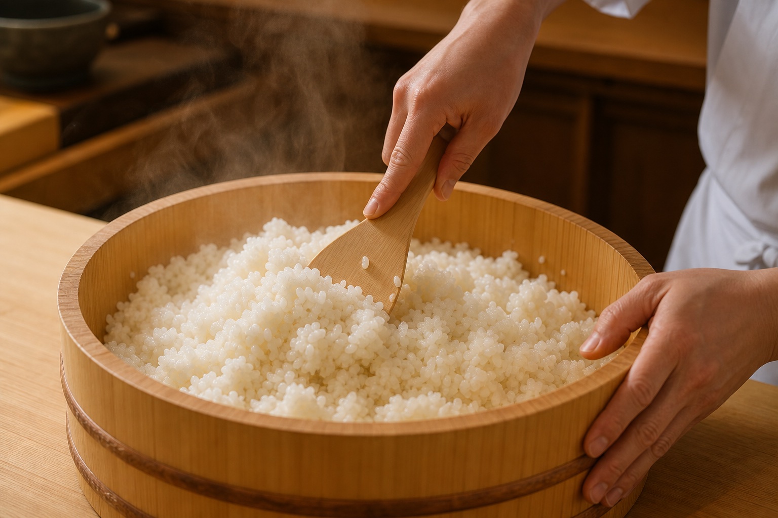 炊きたてのシャリに合わせ酢を回しかける様子